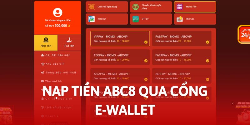 Nạp tiền ABC8 qua ví điện tử đơn giản